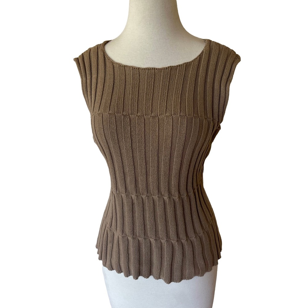 Vintage Y2K Banana Republic Knit Ribbed Tank Top Beige Boat Neck Cotton M Vest